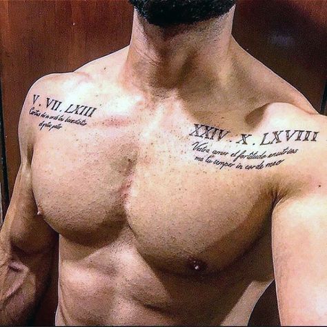 Roman Numeral Mens Upper Chest Tattoo With Quote Design                                                                                                                                                                                 More Mens Roman Numeral Tattoo, Tato Maori, Geometric Chest, Roman Tattoo, Tattoo Quotes For Men, Small Chest Tattoos, Roman Numeral Tattoos, Tattoo Inspiration Men, Cool Chest Tattoos