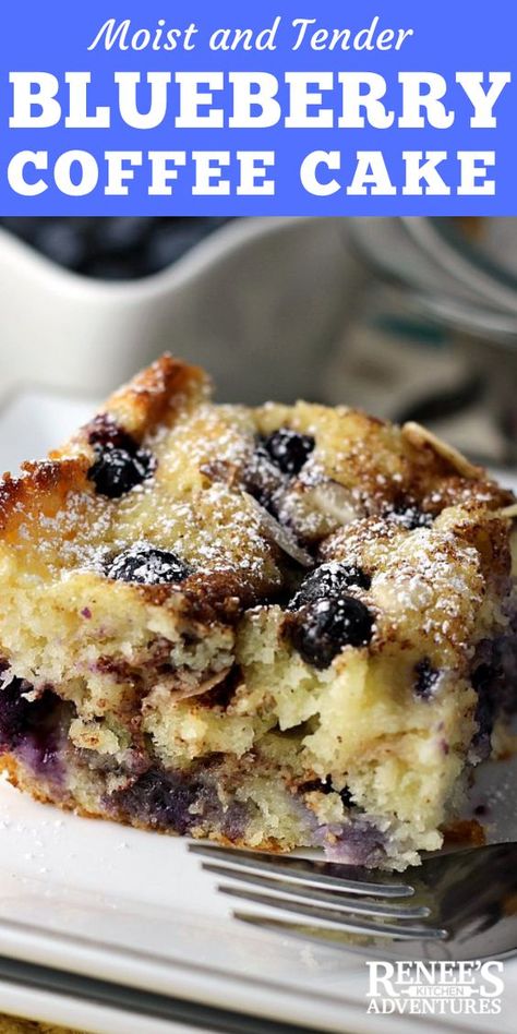 Moist and Tender Blueberry Coffee Cake is the only blueberry coffee cake recipe you need. Easy to make, this coffee cake is studded with fresh blueberries and cinnamon sugar, then topped with sliced almonds for crunch. #blueberrycoffeecake #blueberrycake #blueberries #recipeswithblueberries Blueberry Coffee Cake Recipe, Cream Cheese Coffee Cake, Blueberry Cake Recipes, Blueberry Coffee, Blueberry Coffee Cake, Six Sisters Stuff, Sour Cream Coffee Cake, Six Sisters, Blueberry Desserts