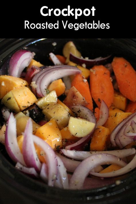 Squash, carrots, potatoes and red onions with a variety of seasonings make this a delicious slow cooker meal! Easy Vegetable Crockpot Recipes, Roasted Vegetables In Crock Pot, Crock Pot Roasted Vegetables, Crockpot Side Dishes Vegetables, Potato’s And Carrots Crockpot, Cooking Vegetables In Crockpot, Roasted Potatoes And Carrots Crockpot, Roasted Vegetables Crockpot, Crockpot Potato And Carrots