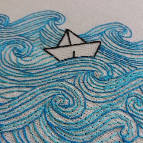 Embroidered Waves Ocean, Embroidery Ocean Patterns, Ocean Embroidery Simple, Wave Embroidery Pattern, Ocean Embroidery Patterns, Origami Embroidery, Waves Embroidery, Rock Embroidery, Embroidery Ocean