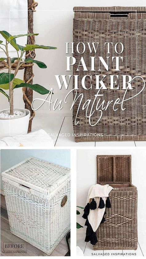 How To Paint Wicker - Au Naturel - Salvaged Inspirations | I’ve come across A LOT of tutorials on How To Paint Wicker.  But what if you want to take a piece of painted wicker and make it look natural again? You can strip it. But trust me, if you’ve ever tried stripping paint off wicker, you will NEVER want to do it again! #siblog #salvagedinspirations #paintedwicker #dixiebellepaint #wickermakeover Spray Paint Wicker, Paint Wicker, Wicker Bedroom Furniture, Wicker Furniture Makeover, Painting Wicker Furniture, Painted Outdoor Furniture, Wicker Laundry Hamper, White Wicker Furniture, Salvaged Inspirations