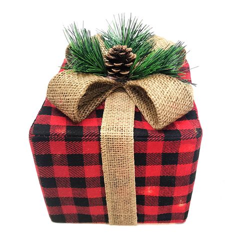 Make spirits bright with the Small Red Buffalo Check LED Gift Box Decor. Add a touch of holiday cheer to any space with this festive Christmas tabletop decoration. Crafted with a metal frame and a vibrant red and black finish, it instantly adds charm and warmth to your festive decor. When lit from within, the LED lights creates a cozy ambiance that will make you feel like you're in a winter wonderland. Designed with the classic buffalo check pattern, this decorative small 6in. gift decor perfectly captures the essence of the holiday season. Its versatile size allows it to easily fit on tabletops, shelves, or mantels, making it a delightful addition to your home or office. Whether used as a standalone statement piece or as part of a larger holiday display, it effortlessly spreads joy and ad Farmhouse Outdoor Decor, Floor Candle Holders, Red Buffalo Check, Box Decor, Christmas Tabletop Decor, Seasonal Candles, Birthday Coupons, Christmas Tabletop, Red Buffalo Plaid