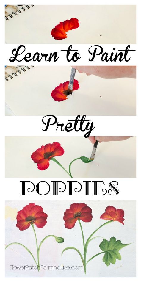 Learn How to Paint a Pretty Poppy, one simple stroke at a time.  Come paint with me! FlowerPatchFarmhouse.com Paint With Me, Cornhole Game, Learn How To Paint, Cornhole Boards, Tole Painting, Painting Lessons, Pong Table, Painting Tips, Poppy Flower