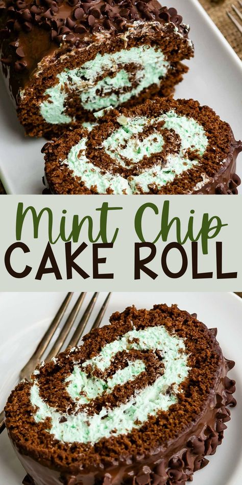 This Mint Chip Cake is a chocolate cake roll with mint chip frosting inside - covered with chocolate ganache - it's the perfect mint chip dessert recipe! Easy Cake Roll, Mint Chip Cake, Mint Chip Desserts, Chocolate Cake Roll, Chocolate Roll Cake, Mint Cake, Milk Chocolate Ganache, Cake Roll Recipes, Chocolate Roll