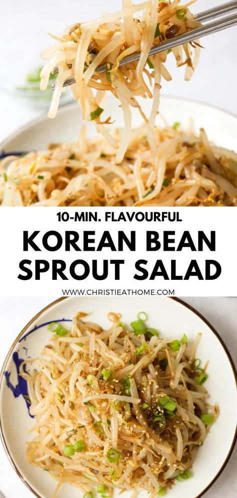 Flavourful 10-min. Korean Bean Sprout Salad (Sukju Namul). Crunchy bean sprouts seasoned in a simple and flavourful sesame garlic soy sauce. This is a popular Korean side dish that is served at many Korean restaurants. Recipe: https://christieathome.com/blog/korean-bean-sprout-salad/ #beansprout recipes #korean bean sprout side dish Soy Bean Salad, Bean Sprout Salad Recipes, Korean Mung Bean Sprouts, Asain Food Sides, Beansprout Salad Recipes, Marinated Bean Sprouts, Korean Sprouts Recipe, Japanese Sides Recipes, Beansprout Recipes Korean