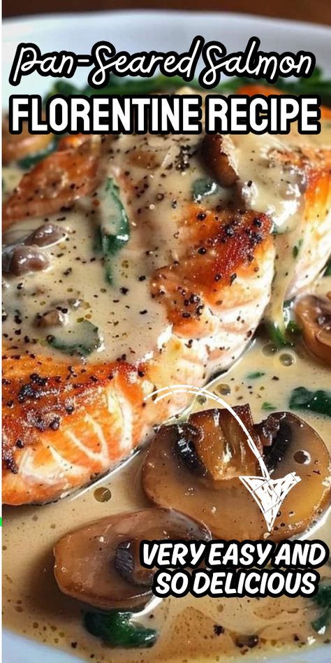 Pan-Seared Salmon Florentine Pan Seared Salmon Florentine, Salmon For One Person, Pan Seared Salmon With Florentine Sauce, Fish Florentine Recipes, Salmon With Mushroom Sauce, Pan Seared Salmon With Creamy Florentine Sauce, Pan Seared Salmon Recipes, Florentine Sauce, Salmon Florentine Recipe