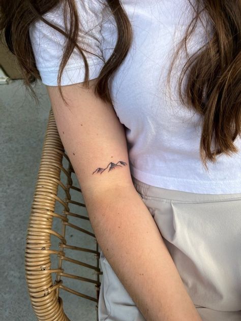 Mountain Tattoo Inside Arm, Mountain Tattoo Above Elbow, Pnw Mountain Tattoo, White Mountains Tattoo, 3 Peak Mountain Tattoo, Blue Ridge Tattoo, Mountain Tattoo Bicep, Simple Mountain Tattoos For Women, Mountain Range Tattoo Simple