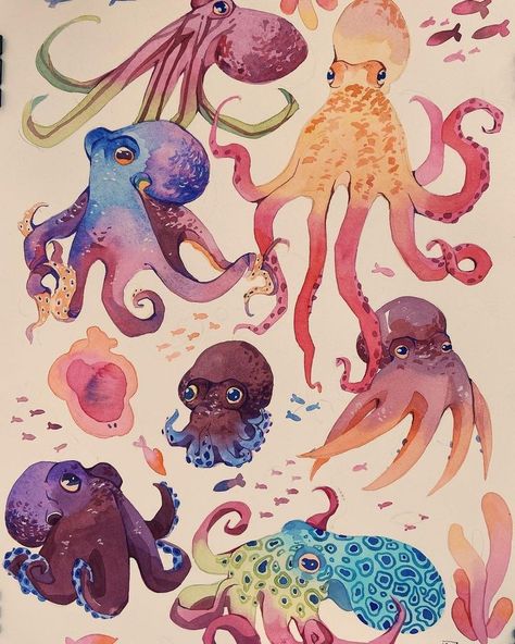 Octopus Art, Lukisan Cat Air, Arte Sketchbook, Dessin Adorable, Sketchbook Inspiration, Illustration Inspiration, Creature Art, Animal Illustration, Sea Creatures