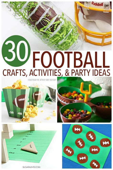 Get ready for game day with 30 fun football crafts, activities, and party ideas. Loads of free printables too! Football crafts | Football activities | Football party | Football printables | Kids Football Superbowl Party Ideas For Kids, Superbowl Crafts For Kids, Super Bowl Activities For Kids, Superbowl Activities, Superbowl Snacks For Kids, Kids Football Parties, Football Activities, Football Printables, Football Party Games