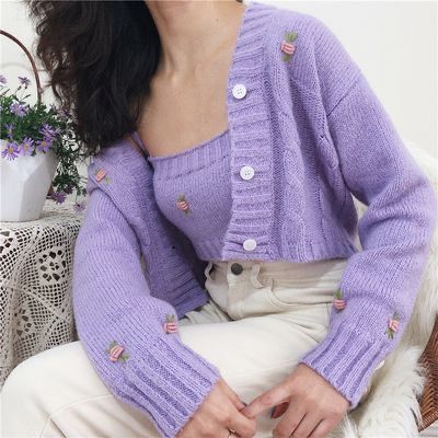 ─ ✰ 𝐏𝐢𝐧𝐭𝐞𝐫𝐞𝐬𝐭: 𝐡𝐨𝐧𝐞𝐞𝐲𝐣𝐢𝐧 Moda Ulzzang, Knit Two Piece Set, Cardigan Set, Purple Outfits, Purple Sweater, Looks Chic, Mode Inspo, Sweater Set, Knit Fashion