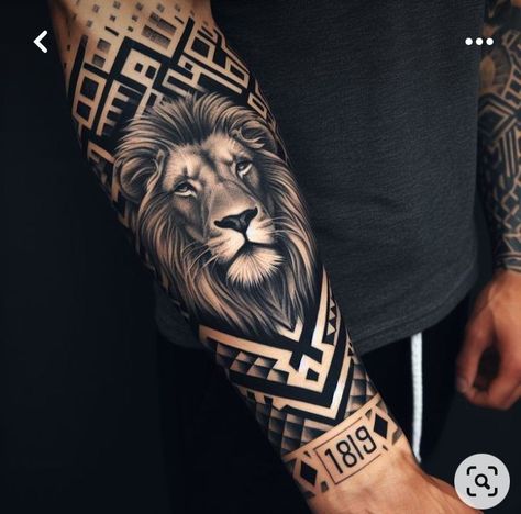 Hals Tattoo Mann, Arm Tattoos For Guys Forearm, Lion Forearm Tattoos, Tattoo Hombre, Geometric Lion Tattoo, Lion Art Tattoo, Tiger Tattoo Sleeve, Tattoo Ideas Males, Lion Tattoo Sleeves