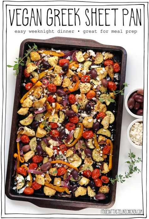 Vegetarian Sheet Pan, Greek Sheet Pan, Colourful Vegetables, Easy Vegan Recipes For Beginners, Vegan Recipes For Beginners, Vegan Feta, Vegan Greek, Vegan Entree, Healthy Weeknight Dinners