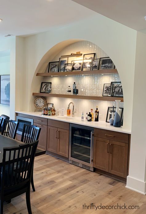 Arched Built In Bar Cabinet, Arched Built In Dry Bar, Living Room Off Of Kitchen, Kitchenette With Seating, Bar Area Off Kitchen, Styling Open Bar Shelves, Wall Niche Bar Ideas, Wet Bar Decorating Ideas, Bar Inset In Wall