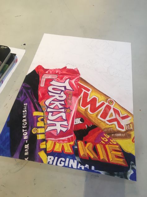 Make a collage with chocolate/candy wrappers Candy Wrappers Drawing, Food And Drink Art Gcse, Chocolate Wrapper Art, Sweet Wrapper Art, Food Gcse Art, Sweet Drawings Candy, Food Art Gcse, Art Folio Year 12, Candy Wrapper Art