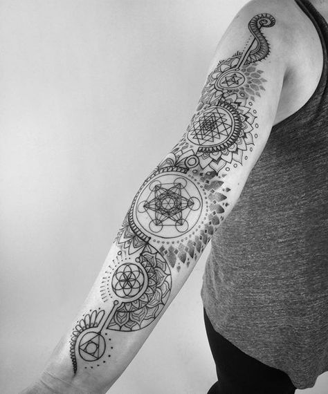 BIG INSPIRATION FOR MY "BELIEVE IN YOUR OWN MAGIC" SLEEVE. I Like: Symbolism, Geometrics, Physics symbolism, Religion, Fantasy, Sorcery, mystical combined in mandala style sleeve. Mandala Sleeve, Monster Tattoo, Geometric Sleeve Tattoo, Dibujos Tattoo, Tattoo Trend, Sacred Geometry Tattoo, Geometry Tattoo, Inspiration Tattoo, Geometric Tattoo Design