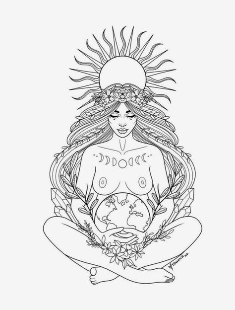 Pregnant Mother Earth Tattoo, Goddess Inspired Tattoo, Pregnant Goddess Tattoo, Gaia Drawing, Mother Earth Tattoo Divine Feminine, Gaia Tattoo Mother Earth, Pachamama Tattoo, Earth Goddess Tattoo, Gaia Tattoo