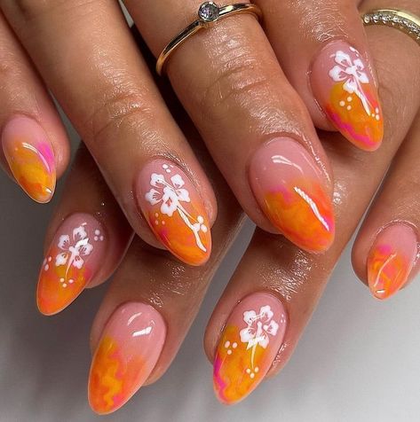 Hibiscus Nail Art Nails Gel Orange, Nails Inspo Green, Hibiscus Nail Art, Hawaii Nails, Elegant Touch Nails, Beachy Nails, Makeup Nails Designs, Tropical Nails, Summery Nails