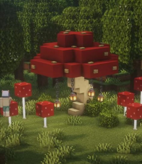 Cottagecore Fairy Village Minecraft, Minecraft Fairy Village Builds, Mushroom Town Minecraft, Minecraft Fairy Ideas, Village Builds Minecraft, Spruce Builds Minecraft, Minecraft Gnome, Cherry Village Minecraft, Custom Minecraft Village