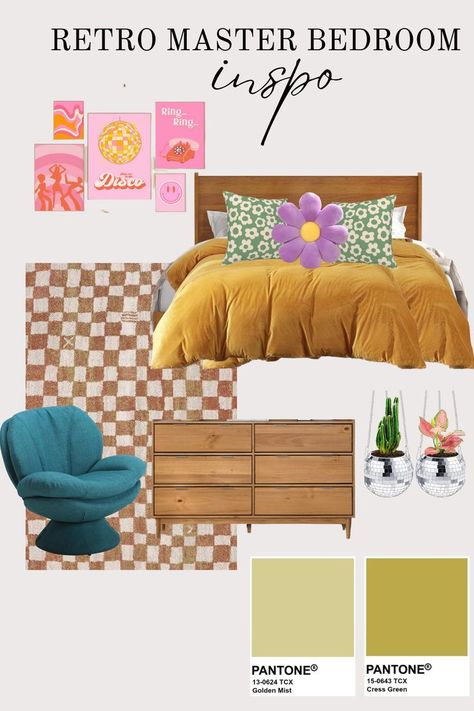 Retro Master Bedroom Inspo, MasterBedroom Decor, Retrro Bedroom Decor, Retro Bedroom, Retro Inspo, retro decor, retro, retro design, retro design ideas, master bedroom ideas, bedroom inspiration, bedroom ideas, bedroom decor, bedroom design, retro accents, retro decor, groovy hippie, groovy decor, hippie decor, groovy, hippie Groovy Bedroom Aesthetic, Funky Retro Bedroom, Groovy Room Decor, Bedroom Decor Retro, Groovy Bedroom, Groovy Room, Retro Bedroom, Bedroom Retro, Colorful Eclectic