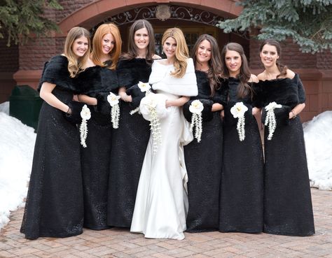 Black bridesmaid gown | Bridesmaid Dresses For Winter Weddings via @insideweddings Black Bridesmaid Dress Winter, Winter Wedding Bridesmaids, Faux Fur Wedding, Winter Bridesmaids, Winter Bridesmaid Dresses, Gorgeous Bridesmaid Dresses, Bridal Fur, Bridal Shrug, Bridesmaid Inspiration