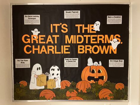 Bulletin Boards Ra College, Resident Assistant Bulletin Boards Halloween, Snoopy Halloween Bulletin Board, Self Care Ra Bulletin Board, October Bulletin Boards For College, October Ra Bulletin Board Ideas, Charlie Brown Ra Bulletin Board, Fall Cork Board Ideas, Halloween College Bulletin Boards