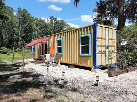 Colorful 40-ft. Container Home in Florida Shipping Container Tiny House, Container Tiny House, Container Homes For Sale, Tiny House Talk, Wood For Sale, Double French Doors, Tiny Cabins, Shipping Container House, Container Home