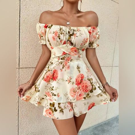 Women's Floral Print Frill Trim Tie Back Ruched Tiered Layer Off The Shoulder A Line Dress, Boho Romantic Puff Sleeve Short Dress For Beach Vacation Holiday Wedding Guest, Ladies Summer Clothes Stretchy Dress, Flounce Sleeve, Puffed Sleeves Dress, Floral Romper, Sleeved Romper, Inspiration Mode, Tie Backs, Xl Dress, Tie Back