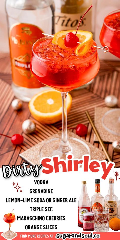 Alcoholic Shirley Temple Drink, Maroon Alcoholic Drinks, Shirly Temple Drink Recipe, Red Signature Drinks, Graduation Drinks Alcohol, How To Make A Shirley Temple, Sherly Temple Drink Recipe, Spiked Shirley Temple, Red Drinks Alcohol Parties