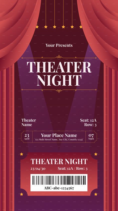 Creative Theater Ticket Opera Ticket Design, Theater Poster Ideas, Theatre Graphic Design, Graphic Organizer Aesthetic, Theater Graphic Design, Theatre Ticket Design, Theater Poster Design, Theatre Ticket Booth, Tickets Design