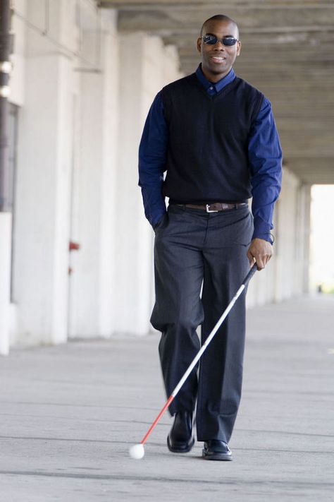 Blind young man walking on the sidewalk, with  a white cane Disabled Drawing, Seated Exercises, Cord Blood Banking, People Png, Lose Thigh Fat, Disabled People, Thigh Fat, Mobility Aids, Black Person