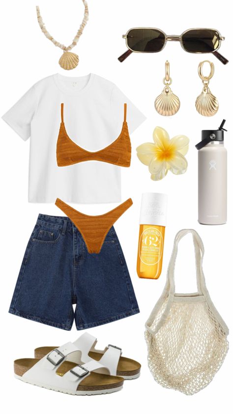 Beaded necklace with gold clam shell pendant, oversized white shirt, dark blue jean shorts, amber colour bikini, white birkenstock sandals, mesh beach bag, sol de jenero perfume, yellow omble flower claw clip, white hydro flask, gold hoop earrings with gold clam shell pendants, square sun glasses City Beach Outfits, Hawaii Spring Break Outfits, Beach Day Outfit Aesthetic, Simple Beach Outfit Ideas, Outfits For Hawaii Vacation, Beach Town Outfit, Boardwalk Outfit, Birthday Vacay, Simple Beach Outfit