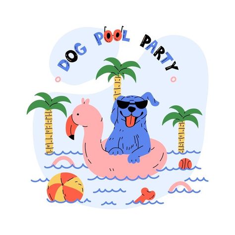 Free Vector | Flat design dog pool party illustration Summer Pool Illustration, Beach Dog Illustration, Pool Party Graphic Design, Summer Dog Illustration, Pool Party Illustration, Dog Pool Party, Pool Illustration, Dog Pool Floats, Party Illustration