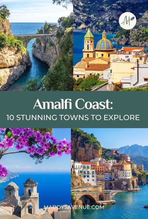 Immerse yourself in the charm of 10 stunning Amalfi Coast Italy towns! Find the best towns on the Amalfi Coast and destinations for adventurers, families, and romantic getaways. Dive into what to see, do, and eat in each town. Ready to plan your dream Italian escape? Tap the pin to discover the best towns to stay in Amalfi Coast! | Italy Travel Guide Best Amalfi Coast Towns, Amafali Coast Italy, Mediterranean Itinerary, Almafi Coast Italy, Positano Italy Amalfi Coast, Amalfi Coast Travel Guide, Amalfi Coast Towns, Italy Coast, Amalfi Coast Itinerary