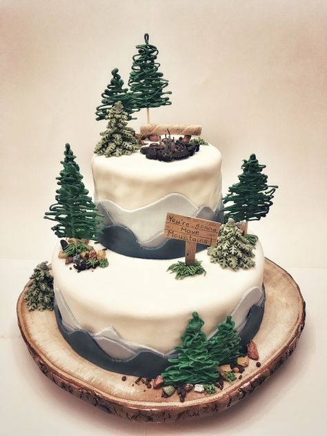 Piping Trees On Cake, Wedding Cake Lake Theme, Birthday Cake Mountain Theme, Outdoor Theme Birthday Cake, Woodsy Birthday Cake, Outdoor Cake Ideas, Cake Mountain Theme, Hiking Cake Ideas For Men, Mountain Themed Cake