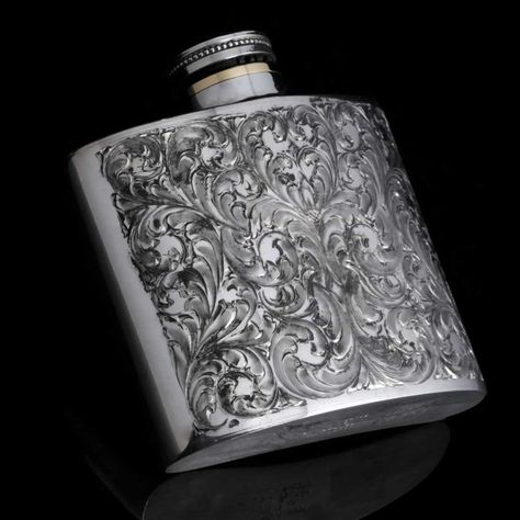 Sterling Silver handmade and engraved Whiskey flask. The substantial piece will hold up to 5oz. of your favorite liquor. Stock# FLASK Alcohol Flask Aesthetic, Flask Aesthetic Alcohol, Flask Aesthetic, Antique Flask, Alcohol Flask, Engraved Flask, Flask Design, Whiskey Flask, Liquor Flask