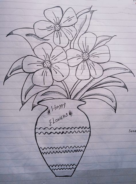 Flower pot pencil drawing 🌹 Santan Flower Drawing, Flower Pot Drawing For Kids, Flower Pot Drawing With Colour, Flower Pot Drawing Pencil, Flower Pot Design Drawing, Pot Drawing Ideas, Flower Pot Sketch, Flower Pot Design Ideas, Pot Design Ideas