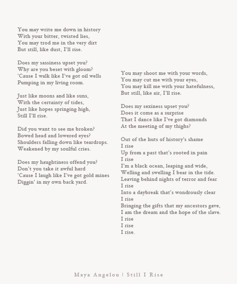 Still I Rise...poem by Maya Angelou Still I Rise Poem, I Rise Maya Angelou, Maya Angelou Poems, Eternal Peace, Still I Rise, Maya Angelou, Wonderful Words, Bluebird, Powerful Words