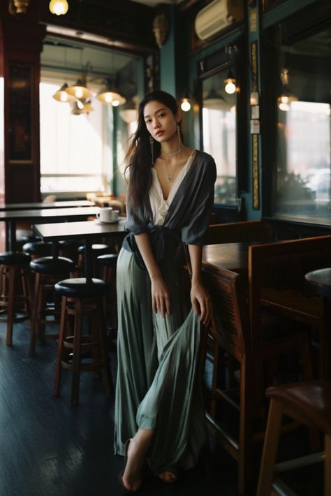 Beautiful Asian woman dressed in modern ethereal outfit in a cafe Flowing Outfits Classy, Everyday Goddess Style, Ethereal Work Outfit, Casual Ethereal Essence, Relaxed Feminine Style Outfit, Ethereal Essence Accessories, Ingenue Clothing Style, Earthy Ethereal Outfits, Everyday Ethereal Outfits