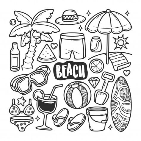 Coloring Pages Aesthetic, Pages Aesthetic, Doodles Bonitos, Travel Doodles, Holiday Icons, Summer Drawings, Beach Drawing, Arte Doodle, 귀여운 음식 그림