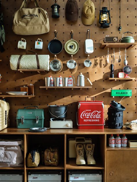 Pegboard Gear Storage, Camping Gear Pegboard, Outdoor Gear Room, Bushcraft Aesthetic, Camp Store, Camping Room, Garage Closet, Gear Wall, Gear Room