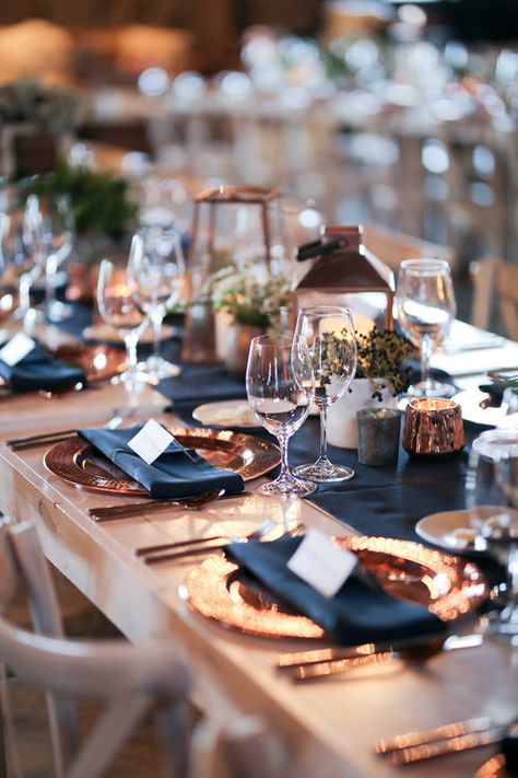 Rose Gold Wedding Table, Navy Wedding Theme, Blue Fall Wedding, Sky Ranch, Navy And Copper, Wedding Navy, Rustic Wedding Decorations, Wedding Table Designs, Copper Wedding