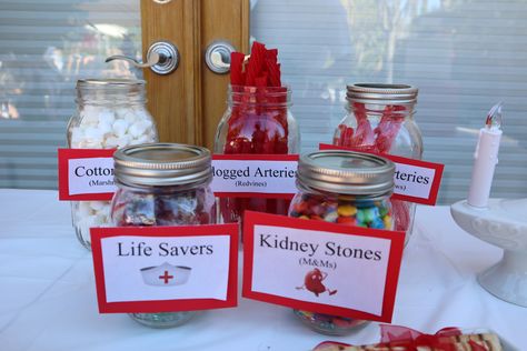 Nursing school / medical school graduation party themed ideas Medical Themed Halloween Party, Medical Themed Parties Decorations, Medicine Theme Party, Greys Anatomy Party Ideas Decoration, Med School Party Ideas, Greys Anatomy Themed Birthday Party, Doctor Themed Party, Nurse Themed Food, Greys Anatomy Themed Party