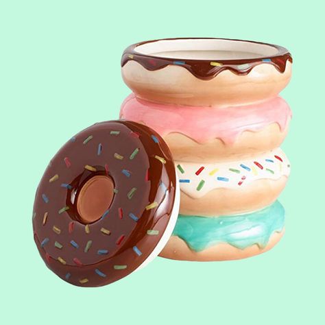 Donut food themed cookie jar Sprinkles Design, Colorful Donuts, Favour Jars, Cookie Container, Coil Pots, Ceramic Cookie Jar, Tanah Liat, Biscuit Jar, Candy Jar