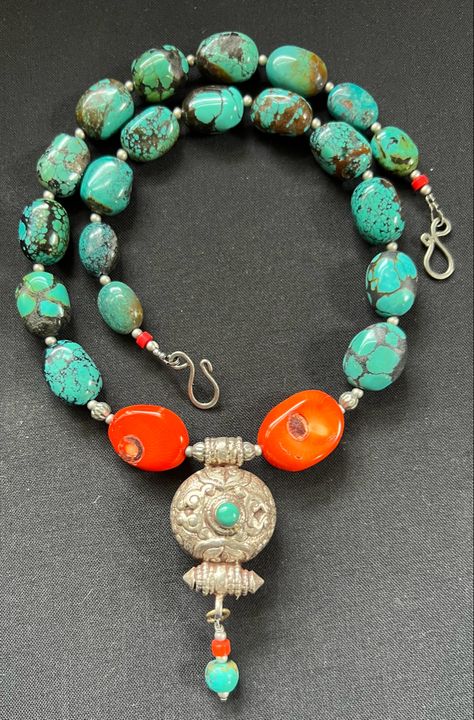 Teal Jewelry, Moroccan Tea, Tibetan Jewelry, Prayer Box, Coral Gemstone, Orange Coral, Orange And Turquoise, Genuine Turquoise, Coral Beads