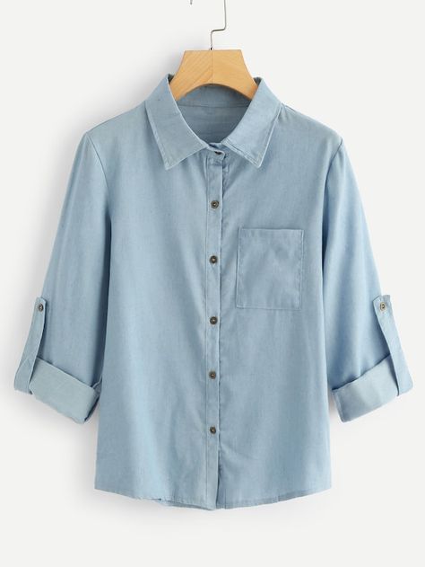 Autumn Outwear, Denim Blouse, Roll Up Sleeves, Pocket Shirt, Plain Shirts, Denim Jacket Women, Casual Blouse, Fall Shirts, Denim Top