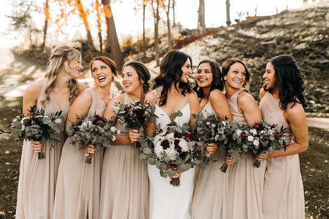 Burgundy & Taupe Wedding | Leopold's Mississippi Gardens Taupe Bridesmaid Dresses Fall, White And Wine Wedding, November Wedding Colors, Beige Bridesmaids, Taupe Bridesmaid, Taupe Wedding, Bridesmaid Poses, Taupe Bridesmaid Dresses, Fall Bridesmaids