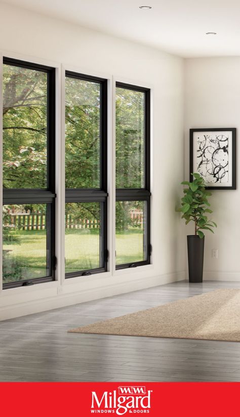 The use of black framed windows and white walls can create a clean, contemporary look in any room. #blackwindowframes #blackwindowideas Terrace Window Design, Contemporary Windows Exterior, Black Windows White Walls, Fixed Windows In Living Room, Black Frame Windows Exterior, Black Windows Without Grids, Black Frame Windows Interior Design, Black Or White Windows, Windows Black Frame