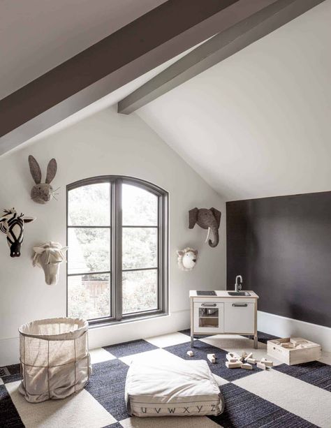 Mediterranean style home in Texas with clean-lined interior finishes Small Attic Ideas, Attic Playroom Ideas, Black And White Carpet, Attic Playroom, Commercial Carpet Tiles, Mediterranean Style Home, Small Attic, California Modern, Attic Spaces