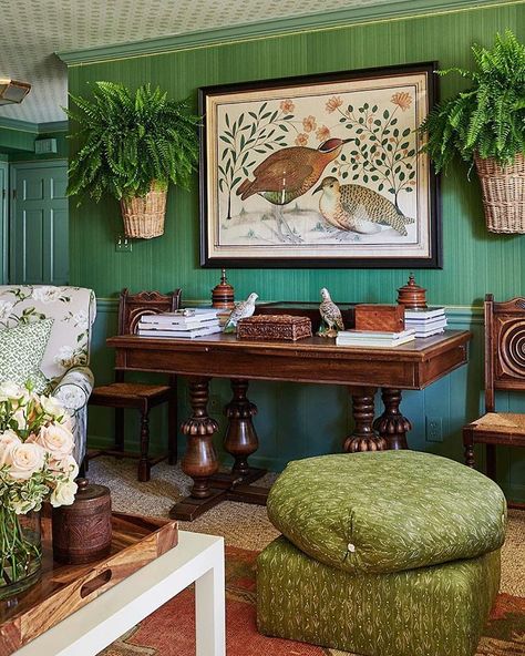 One thing I’ve learned is that in the design process is that sometimes you have to wait a bit to find that one thing that makes the whole… Mark Sikes, Wicker Chair Cushions, Floral Drapery, Mark D Sikes, Spring Refresh, Apartment Bedroom, Garage Makeover, Highland Homes, Green Walls