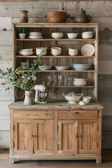 Rustic China Cabinet Farmhouse Style, Antique Cupboard In Kitchen, Dresser Into Kitchen Sink, Cottage Hutch Decorating Ideas, Vintage Hutch In Kitchen, Antique Hutch Decorating Ideas, Hutch Kitchen Cabinets, Buffet In Kitchen, Kitchen Dresser Ideas